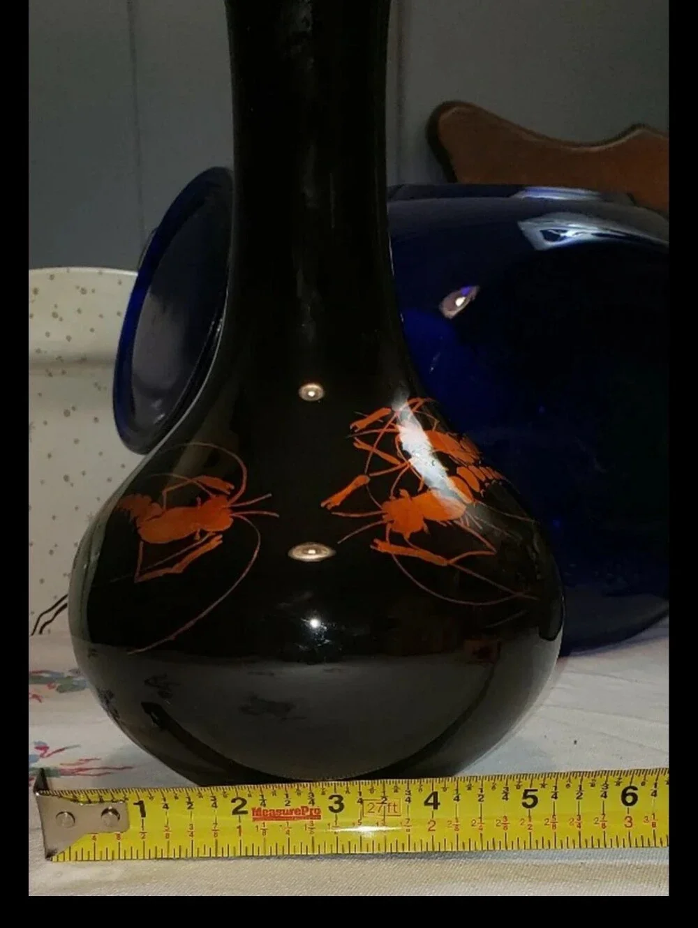 Vintage MCM Black Laquerware Vase With Metallic Copper Shrimp Design